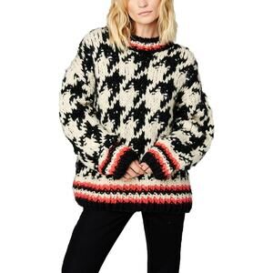 Blank NYC Chunky Long Sleeve Crewneck Houndstooth Sweater Black White Small